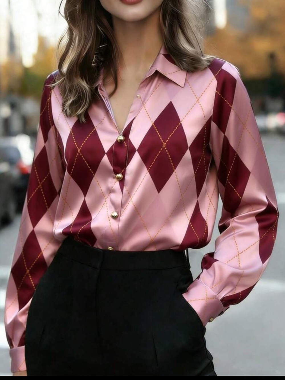Classic Satin Argyle Print Button Down Up Shirt Top Blouse  Pink Burgundy